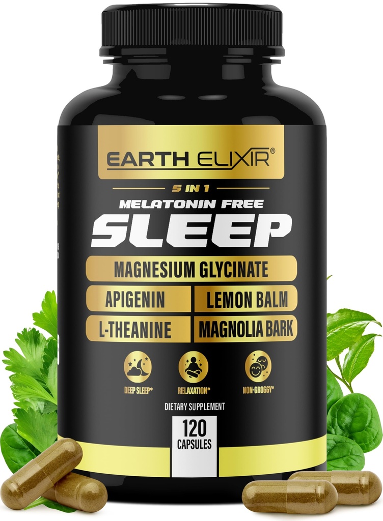 Terra Elixir 4-em-1 Sleep Aid (120 Caps) w/Apigenin 50mg, Magnésio Glycinate 200mg, L Theanina 200mg & Valerian Root for Sleep Aid 300mg