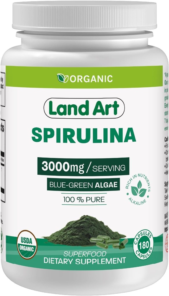 Arte terrestre certificada espirulina orgânica - 180 Cápsulas - Superalimento- Rico em minerais, vitaminas e proteínas - Vegan