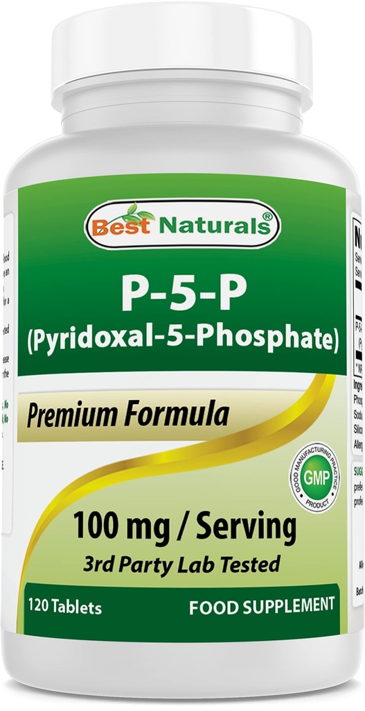 Best Naturals P5P Vitamina B6 (Pyridoxal 5 Fosfato) 100 mg/Servir - 120 comprimidos - uma forma ativa de vitamina B6.