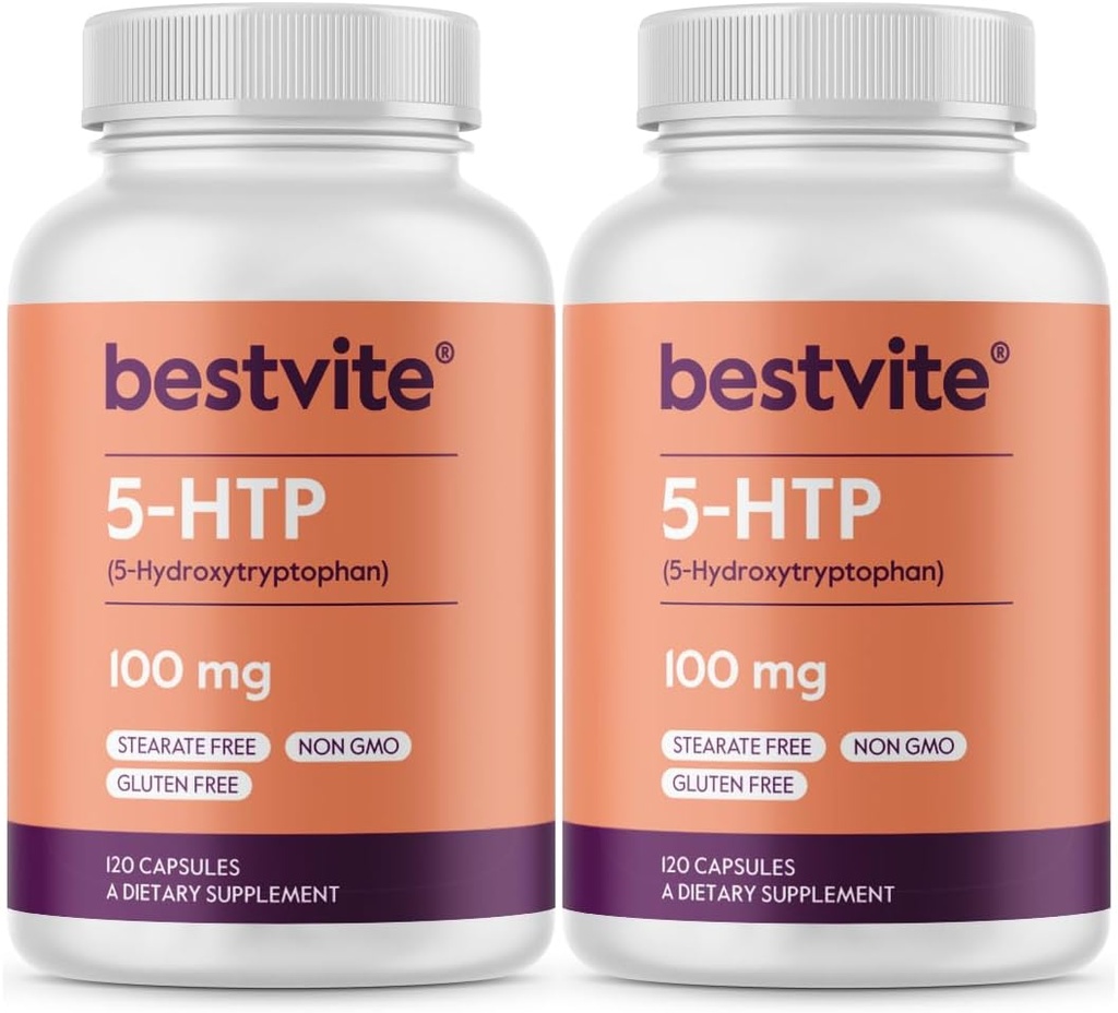 BESTVITE 5-HTP 100 mg (240 cápsulas) (120 x 2) - Sem estearatos - Sem agentes de fluxo - Não OGM - Sem glúten
