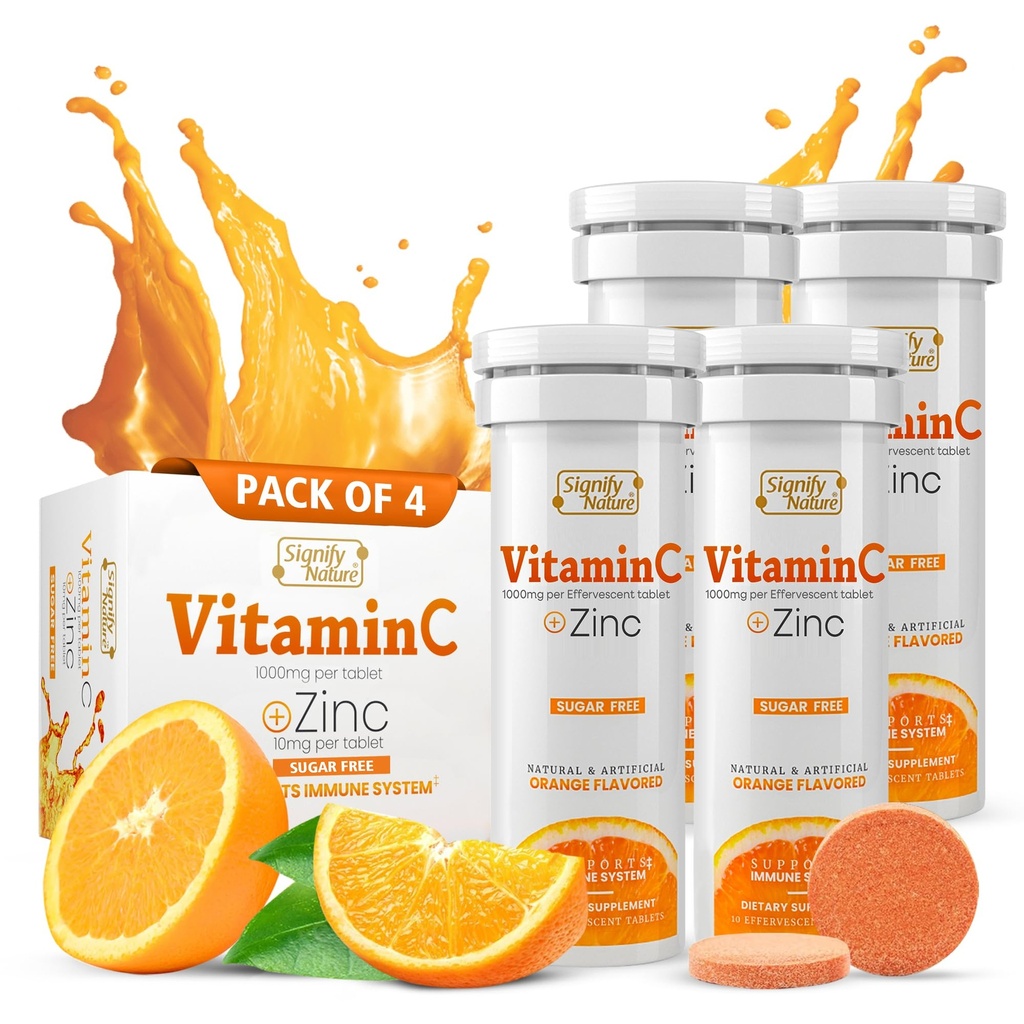 SIGNIFIY NATUREZA Vitamina C 1000mg Comprimidos Efervescentes - Potent Imune Support VIT C com Zinco Suplemento - Fórmula Vegan e Livre de Açúcar - Comprimidos Dissolváveis Vitamina C - Água Solúvel Elixir Fizzy - 40CT