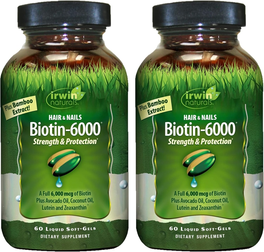 Irwin Naturals Biotin-6000-60 Liquid Soft-Gels, pacote de 2 - Suporta força e proteção para cabelos e unhas - com óleo de abacate, óleo de coco, Lutein e Zeaxanthin - 60 Total Servings