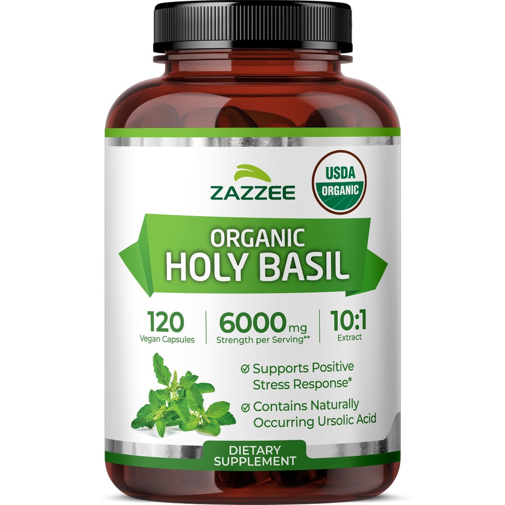 Zazzee USDA Organic Holy Basil 10:1 Extract, 6000 mg Força, 120 cápsulas Vegan, concentrado e padronizado 10X Tulsi Extract, Ácido Ursólico, 100% certificado Orgânico, Não-GMO