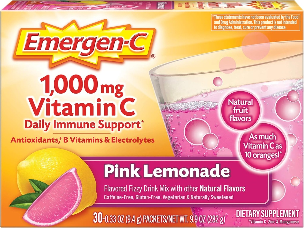 Emergen-C 1000mg Vitamina C em pó, com antioxidantes, vitaminas B e eletrólitos, suplementos de imunidade para suporte imunológico, mistura de bebida de cafeína, sabor de limonada rosa - 30 (Pacote de 12)