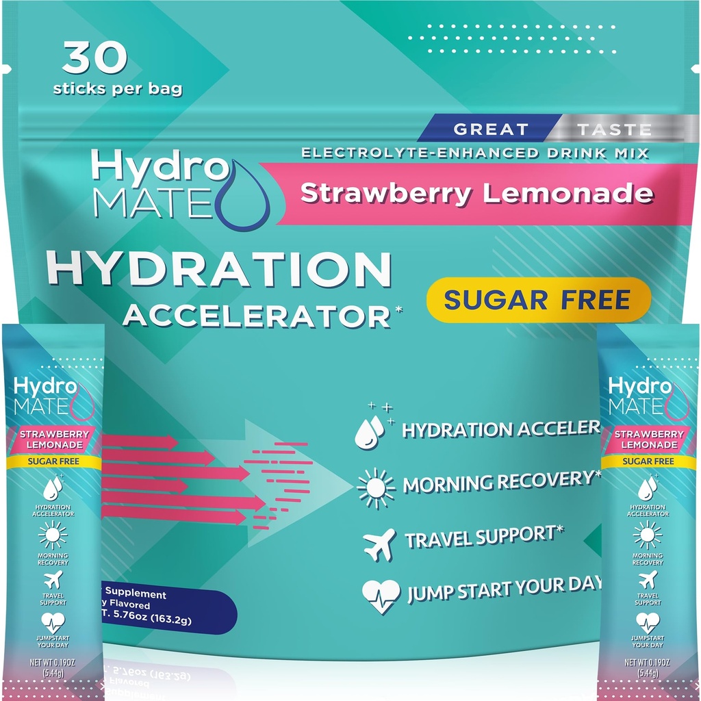 Pacotes de hidratação sem açúcar de pó de eletrólito Morango limonada HydroMATE 30 Sticks