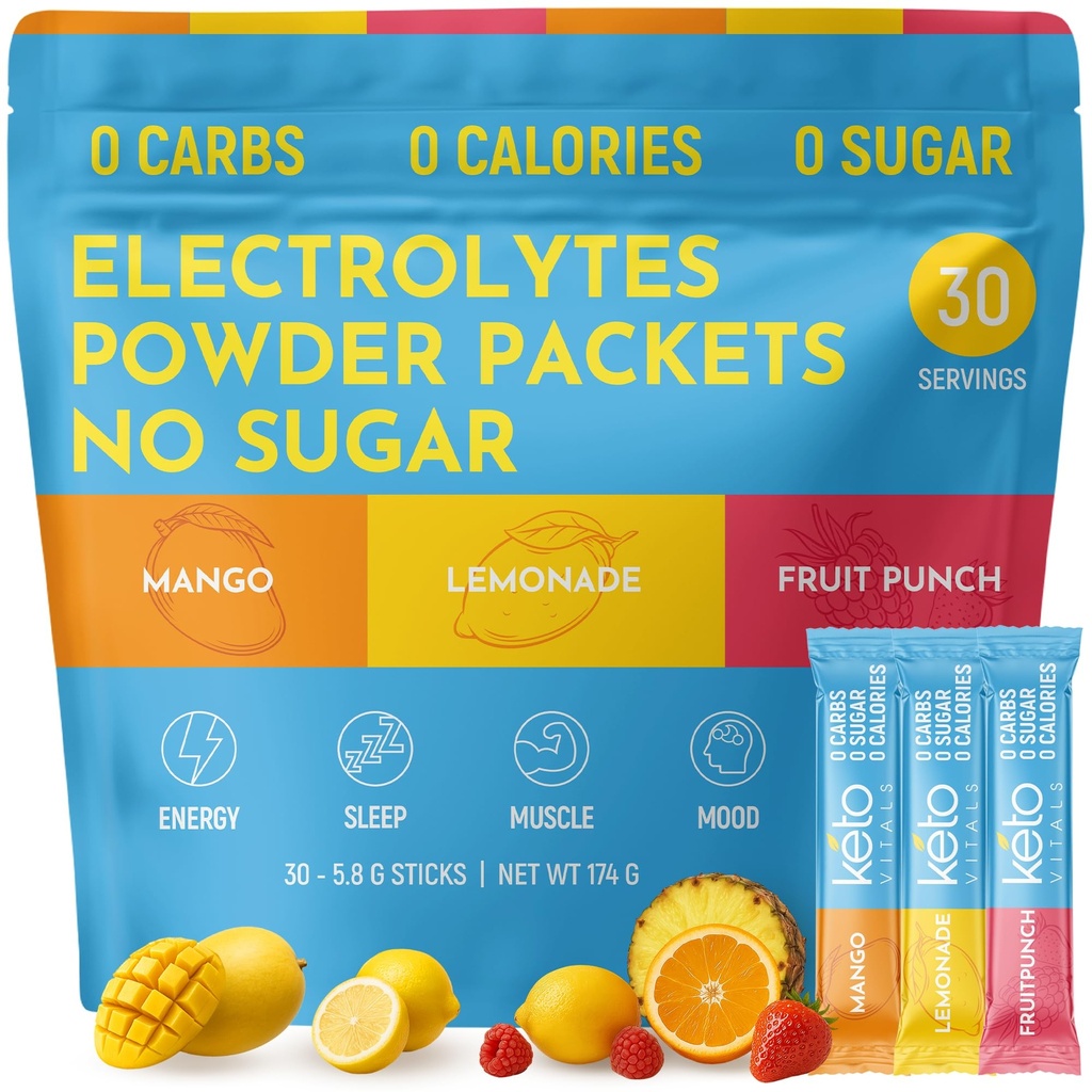 Keto Vitals Eletrolíticos originais Em pó Pacotes de Hidratação Eletrolítica amigável Keto Pacotes de Hidratação de Açúcar Livre Eletrolíticos Misture Energia Zero Caloria Zero Carb (Original Assorted, 30 Count)