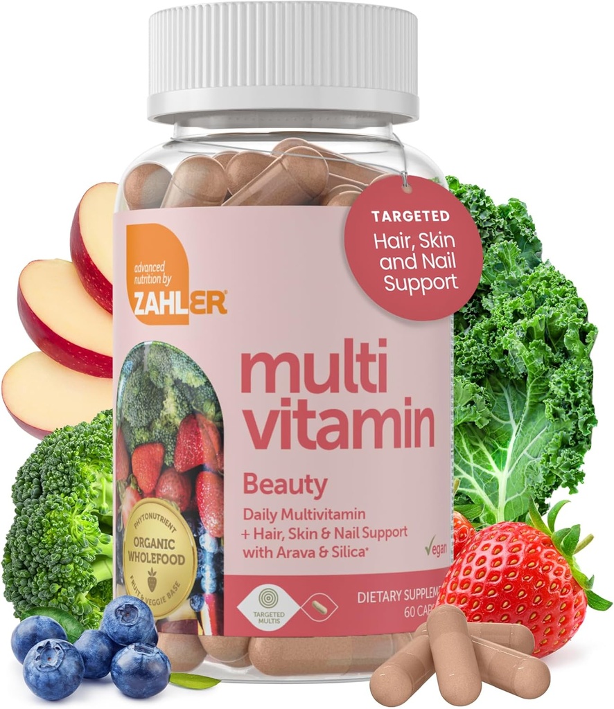 Zahler Multivitamin Beauty, Multivitamin diário +Skin Hair and Nails Support, para mulheres e homens com ferro, Kosher certificado, 60 Cápsulas