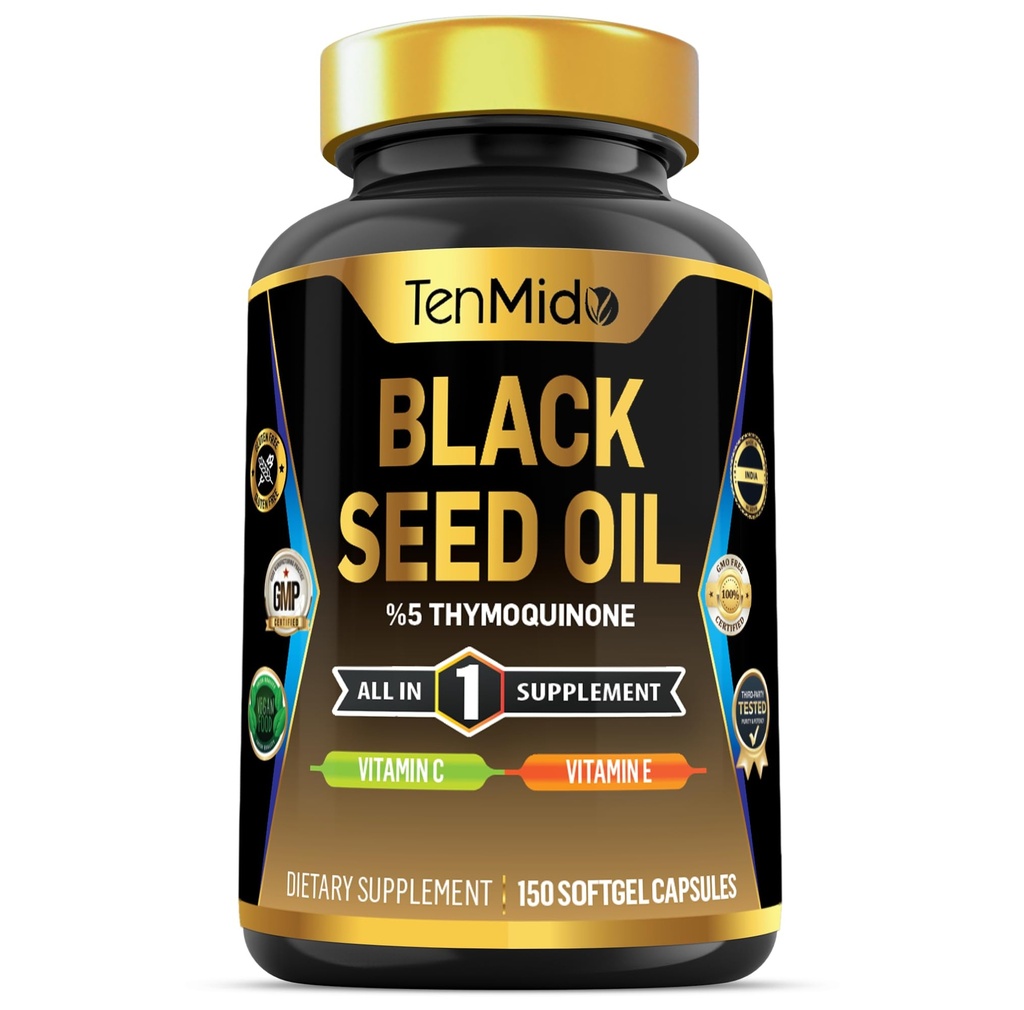 Cápsulas de óleo de semente preta Suplemento - Fórmula 4in1 - Combine com Vitamina C, Vitamina E - Saúde Digestiva, Suporte Imune - Rico em Nutriente - 150 Cápsulas de Softgel