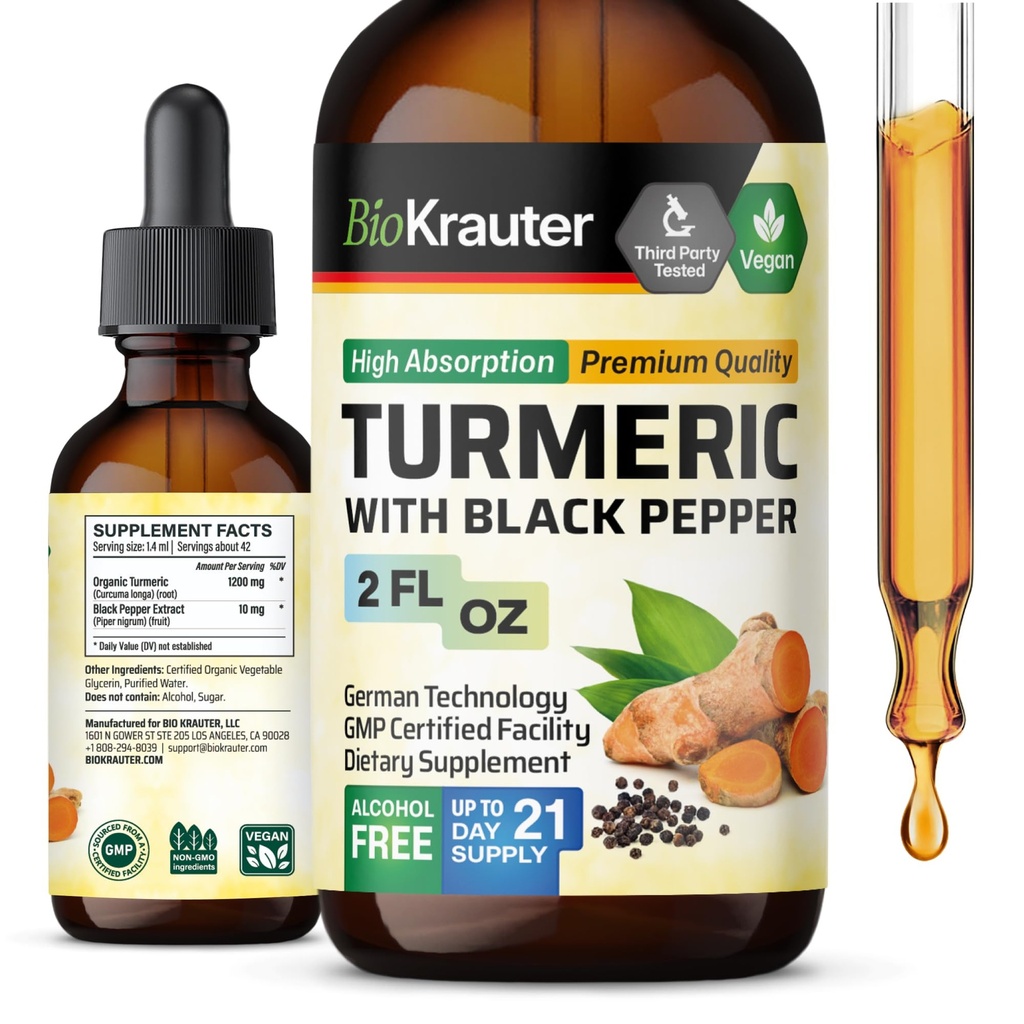 BIO KRAUTER Suplemento Acúrmico Tintura - 1200 mg Curcumina Acúrmica com Extrato de Pimenta Negra - Álcool e Açúcar Grátis - Gotas Vegan 2 Fl.Oz.