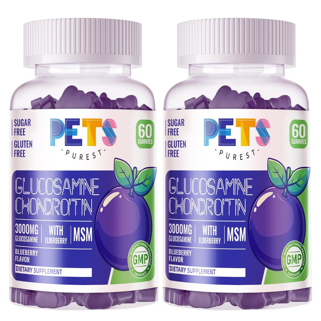 Animais de estimação Purest Glucosamine Condroitin Gummies com HSH & Elderberry Força Extra - Apoio Conjunto, Suplemento de suporte imunológico antioxidante para adultos, homens e mulheres.(2 Pack) Blueberry