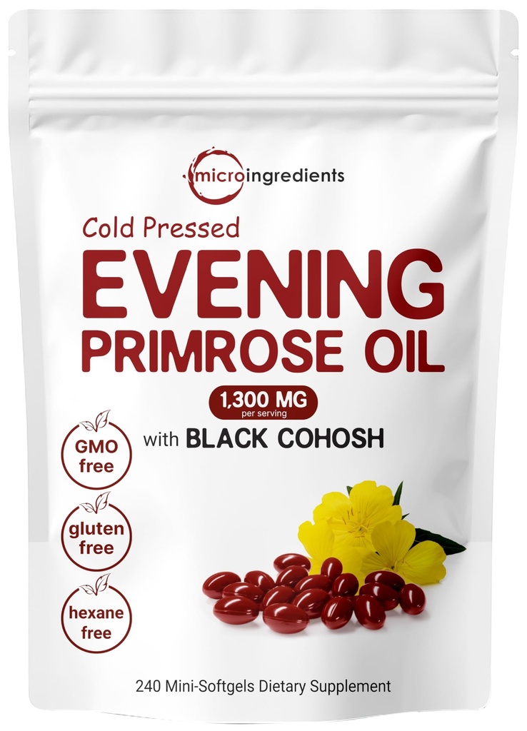 Micro Ingredientes Evening Primrose Oil 1300mg por serviço, 240 Softgels □ Melhorado com 40mg Black Cohosh Extract, prensado a frio – 10% GLA ativo, não-GMO, sem glúten, fácil de engolir