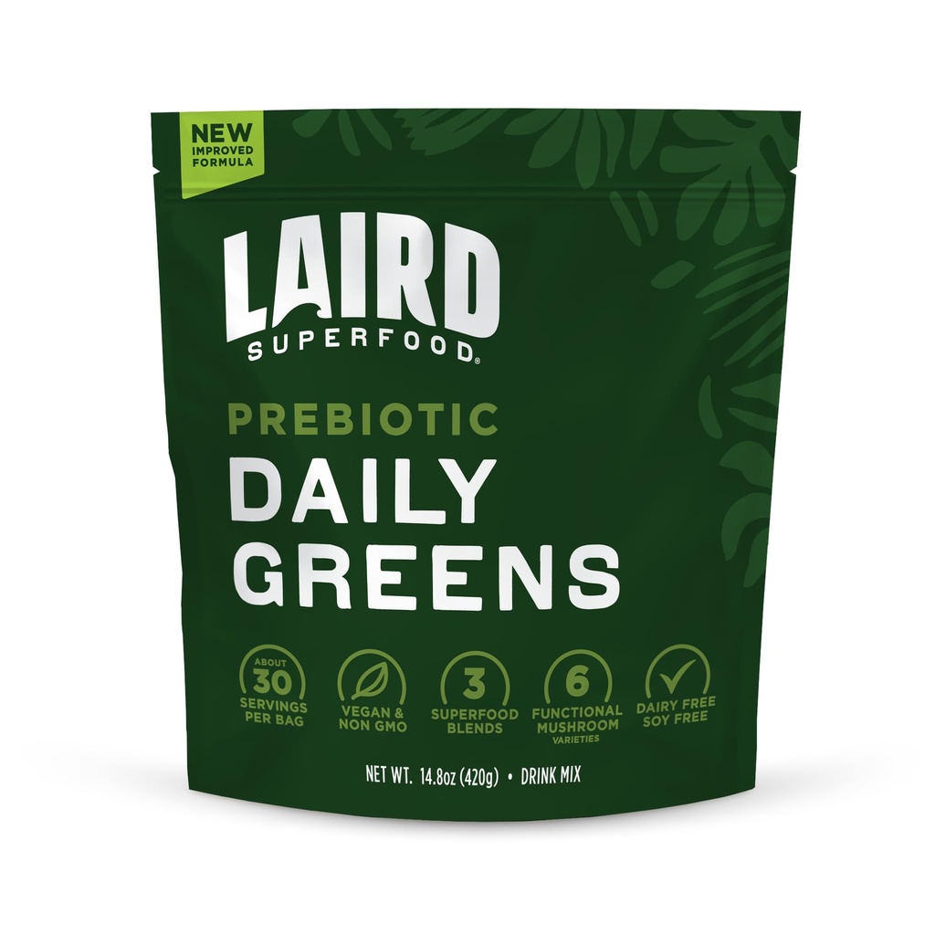 Laird Superfood Prebiótico Verdes diários em pó – Vitaminas essenciais e minerais - Fibra prebiótica, Adaptogen e frutas e vegetais – Suporta Gut Health – Não-GMO, Vegan - 14.8 oz Bag, Pacote de 1