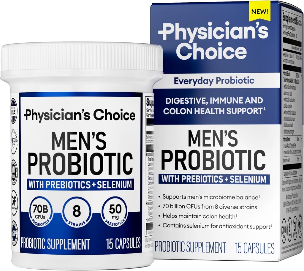 Probióticos Escolha do Médico para Homens - 70 Bilhões UFC - 8 Strains - Selênio & Prebióticos - Suporta Saúde Digestiva, Microbiome, Colón, & Saúde Imune - Probiótico do Homem Avançado - 15ct Tamanho da Amostra