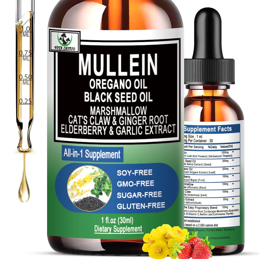 16-em-1 gotas orgânicas de mullein para pulmões ; Mullein extrato de folha w / óleo de orégano com óleo de semente preta ; Não-GMO / Gluten livre de líquido de saúde respiratória gotas ; Mullein suplemento limpar para fumantes