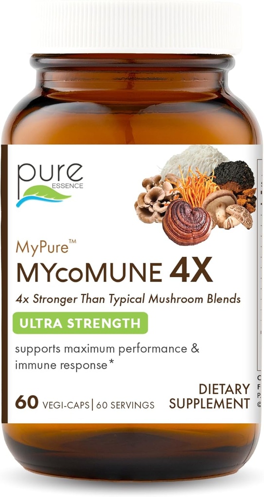 MycoMune 4X Organic Mushroom Supplement - Reishi, Leon's Mane, Cordyceps, Chaga, Shiitake, Maitake para o sistema imunológico, Estresse de Combate, Construir Energia por Puro Essence - 60 Caps