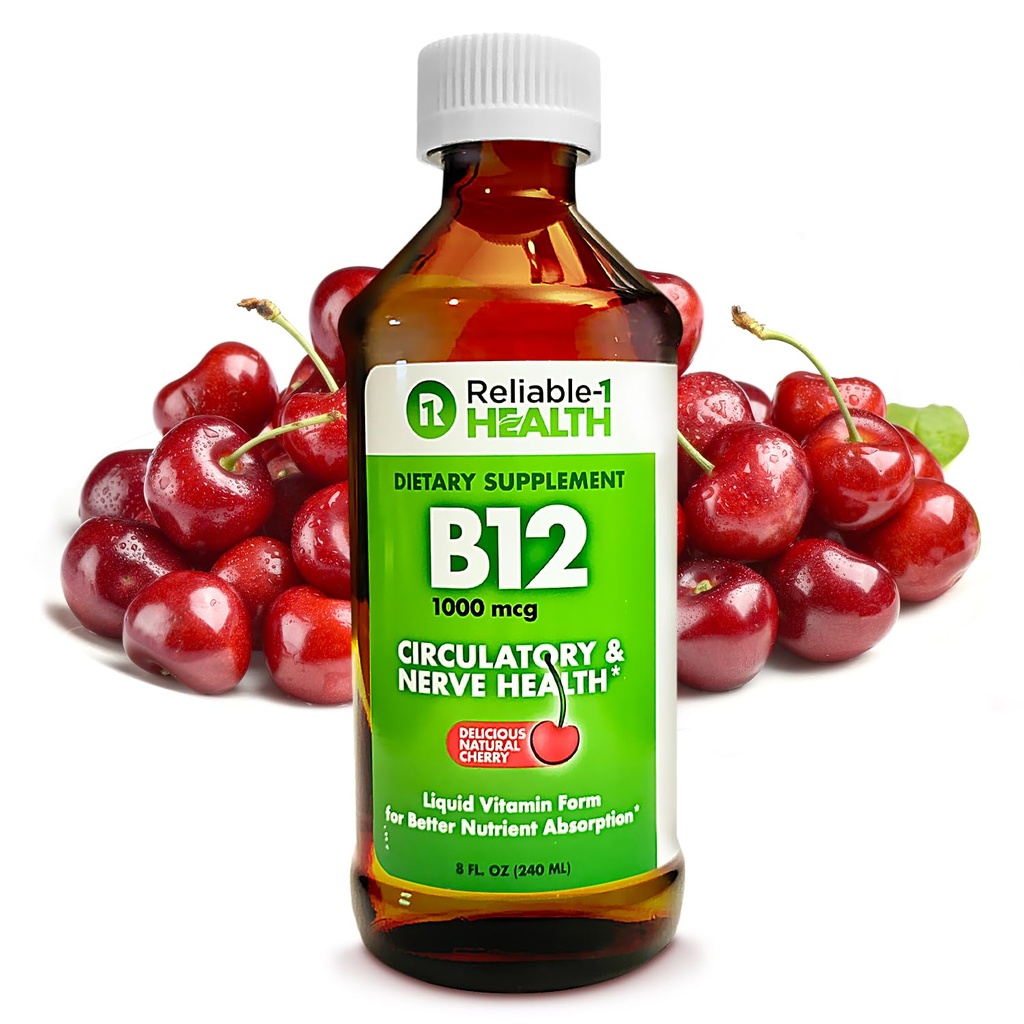 Reliable-1 Laboratórios Liquid Vitamina B12 Suplemento diário 1000mcg para homens adultos e mulheres - Natural Cherry Flavor