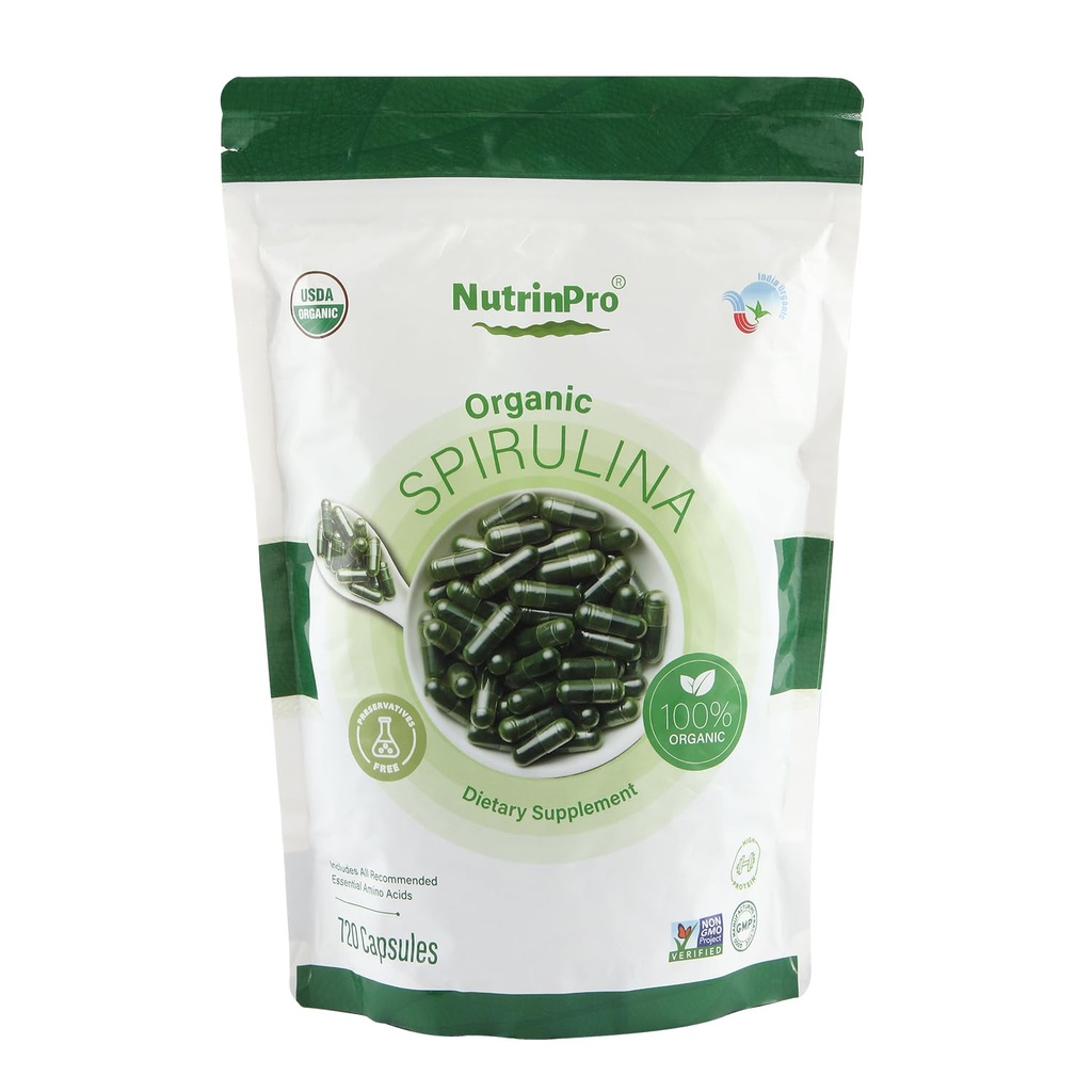 NUTRINPRO USDA Organic Spirulina Cápsulas - 100% Puro Vegan Suplemento, Não-GMO, Gluten-Free, Chemical-Free, (720)