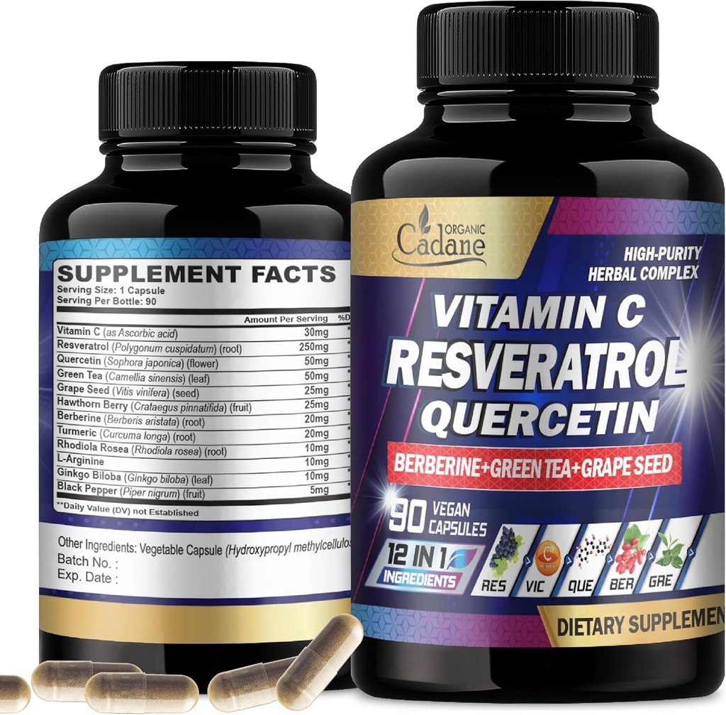 Orgânico Cadene Resveratrol Suplemento - 12in1 Misturado com VIT.C, Quercetin, Berberine, Açafrão, Chá Verde e Mais - 90 Cápsulas 3 Mês