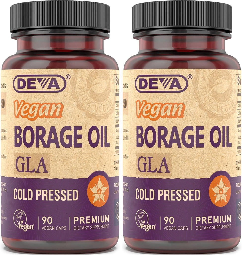 DEVA Vegan Vitaminas, Óleo de Borage 500mg, Fonte de Ácido Gordo Ómega-6 GLA (ácido linolênico gama), Pressionado a frio e não refinado, 90 comprimidos (Pacote de 2)