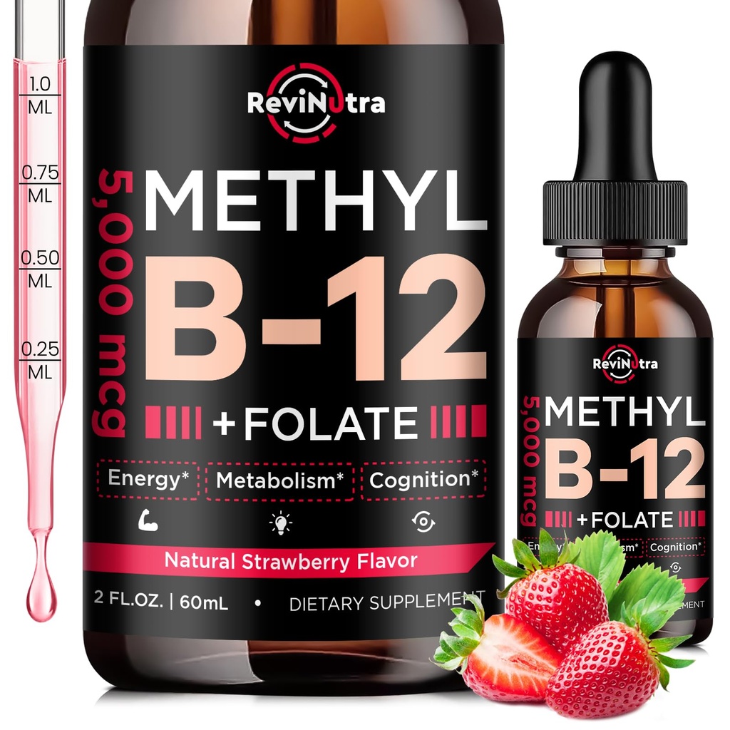 Vitamina B12 líquido Drops, B12 vitaminas 5000 mcg, Suplemento Complexo de vitamina B com metilcobalamina B12 Sublingual, Vitamina B6, Folato para a Energia, Cérebro, Saúde do coração, Vegan Strawberry Flavor 2 Fl Oz