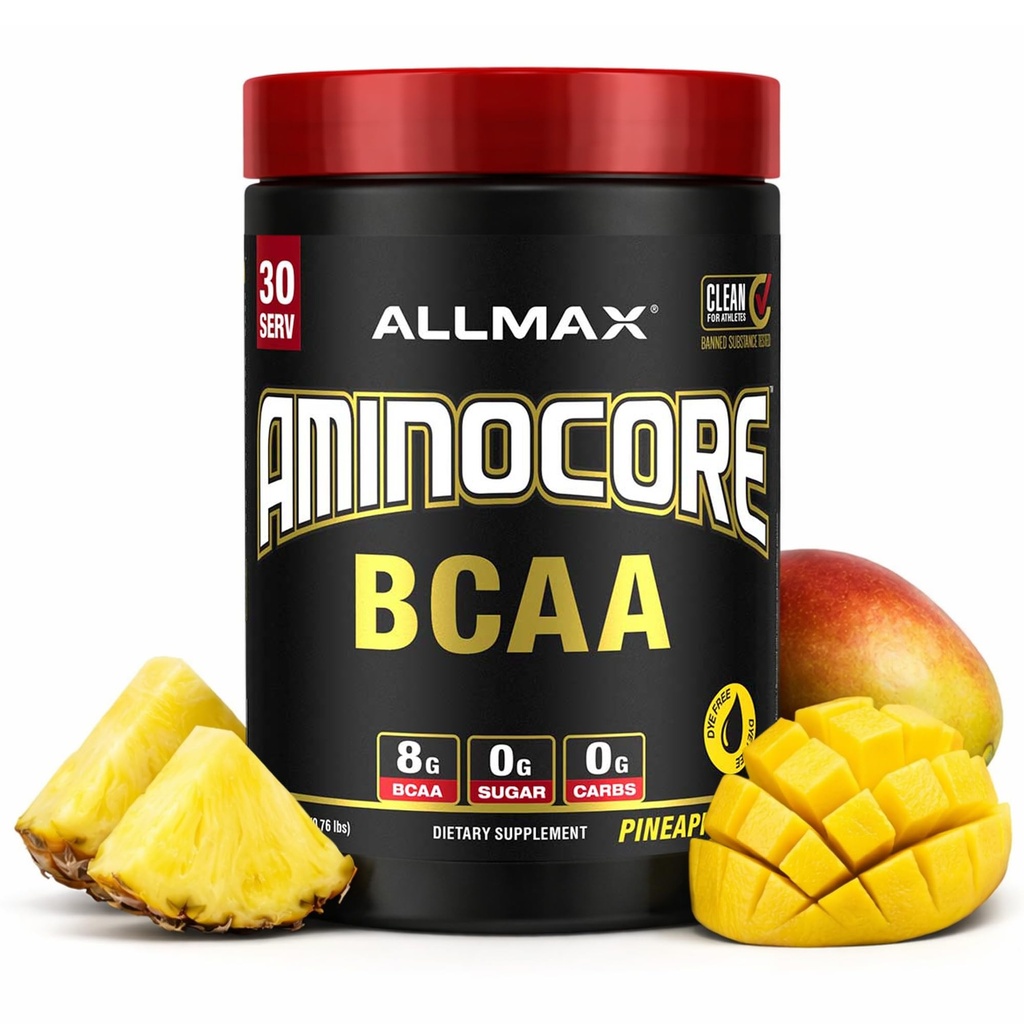 ALLMAX Nutrition AMINOCORE BCAA Powder, 8.18 Grams of Amino Acids, Intra and Post Workout Recovery Drink, Gluten Free, Abacaxi Mango, 315 g