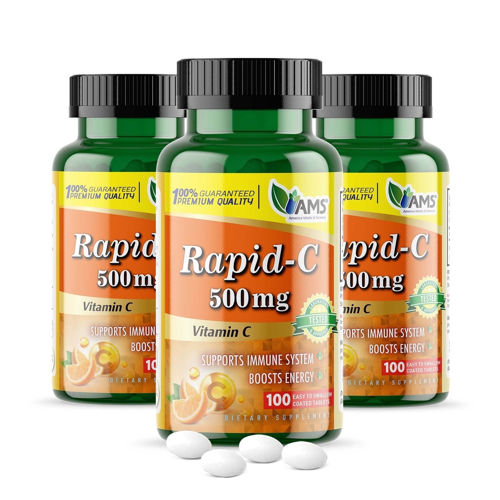 América Medic & Science Rapid-C 500mg Suplemento de vitamina C (3 pacote de 100 comprimidos) Fortalecedor de energia, Suporte diário do sistema imunológico, Antioxidante Vegan, Ácido ascórbico revestido não-GMO para homens adultos e mulheres