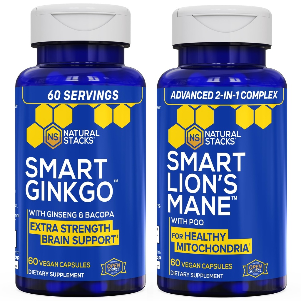 ESTACIONAMENTOS NATURAIS Ginkgo Biloba + Lions Mane Mushroom Bundle - Foco e Suporte à Memória* - 120 Cápsulas