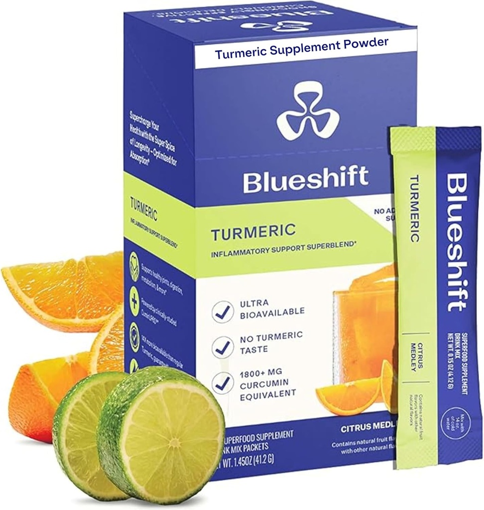 Blueshift Turmeric Citrus Medley - Empacotes de pó de Açafrão para água, Suplemento de Curcumina Açafrão, Sem Mistura de Bebida de Açúcar para suporte de recuperação natural - Citrus Flavor, Varas de Pó (10 Pack)
