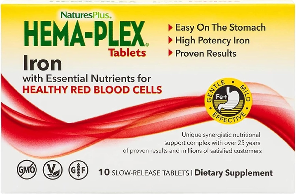 NaturesPlus Hema-Plex Iron - 10 Lentamente-Release Tablets - 85 mg Quelated Iron - Saúde total do sangue - com vitamina C & Bioflavonóides - Vegan, Gluten Free - 10 Servings