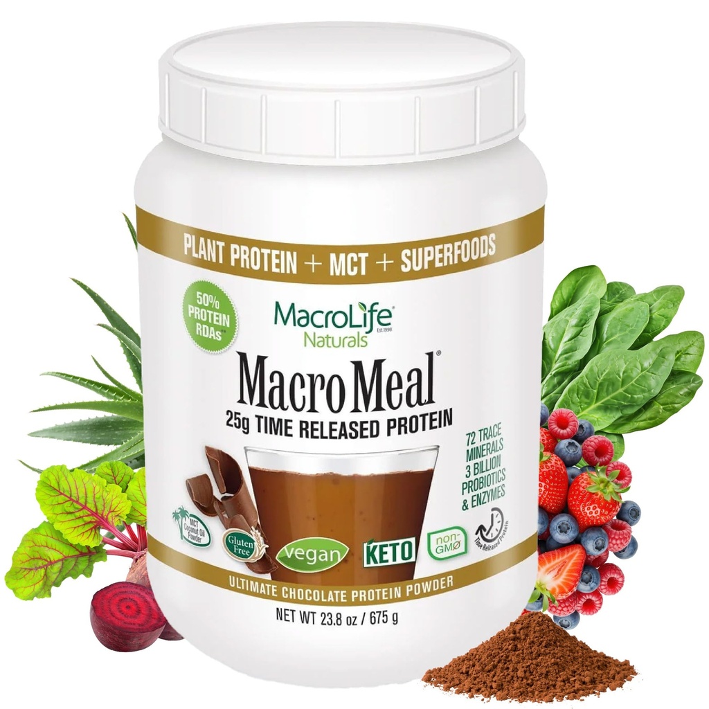 MacroLife Naturals MacroMeal Vegan Chocolate Protein Powder Superfood Greens Probióticos + Fibra, Imune Energia Digestiva Digestiva Digitais Essenciais Diários para Mulheres e Homens Gluten-Free - 23,8 onças (15 Servings) Chocolate