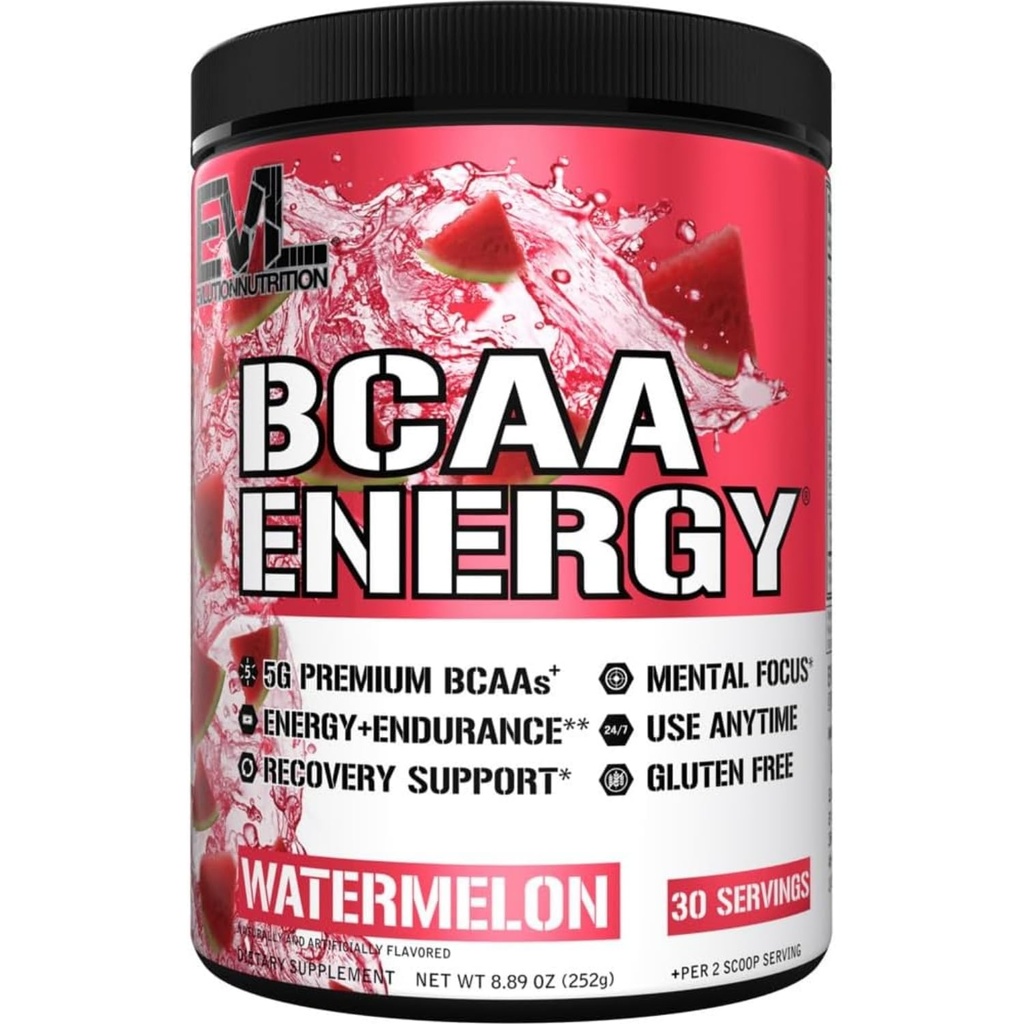 EVL BCAAs Aminoácidos Pó - BCAA Energia Pré-treino Pó para Recuperação Músculo Crescimento Lean e Endurance - Reidratação Pós-treino Recuperação Bebida com Cafeína Natural - Melancia