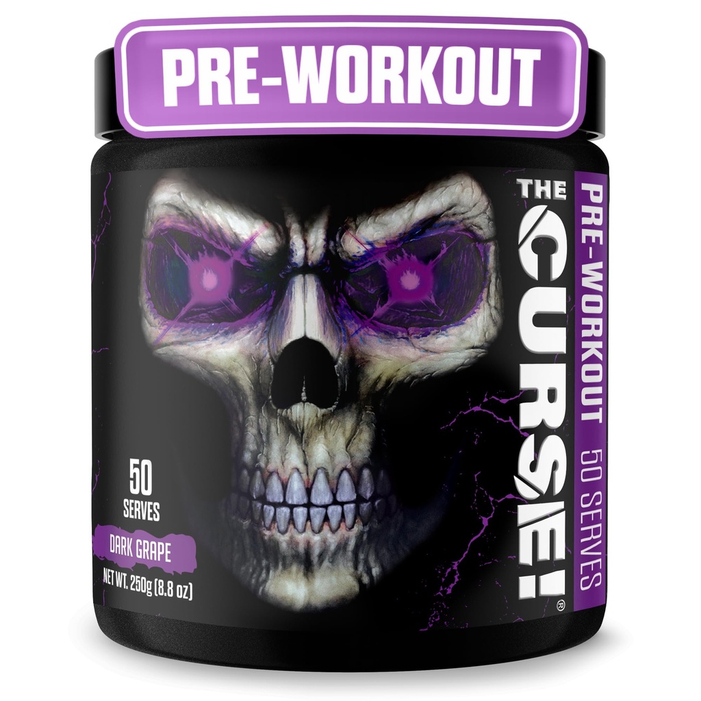 JNX SPORTS A Maldição! Pó pré-treino para homens e mulheres, cafeína, beta-alanina, creatina, L-citrulina, 50 servinhos, sabor de uva escura – aumentar a energia, força e foco