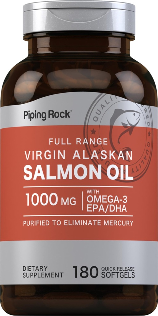 Piping Rock Wild Alaskan Salmon Fish Oil - 1000mg - 180 Softgels - Suplementos para Humanos - Omega-3, EPA e DHA - Não-GMO e Gluten Free