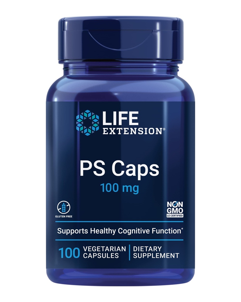 Caps de extensão de vida PS, fosfatidilserina, para desempenho cognitivo, sem glúten, sem OGM, vegetariana, 100 Cápsulas