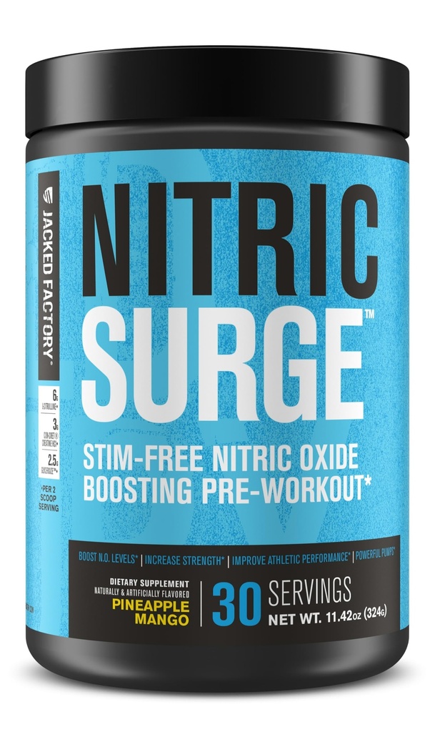 Fábrica Jacked Surge Nitric Stim Free Pré-workout Pó - Cafeína-Free Nitric Oxide Supplement w / Con-Cret Creatine, L Citrulina, & GlycerSize Glicerol - Mango abacaxi, 30 Servings