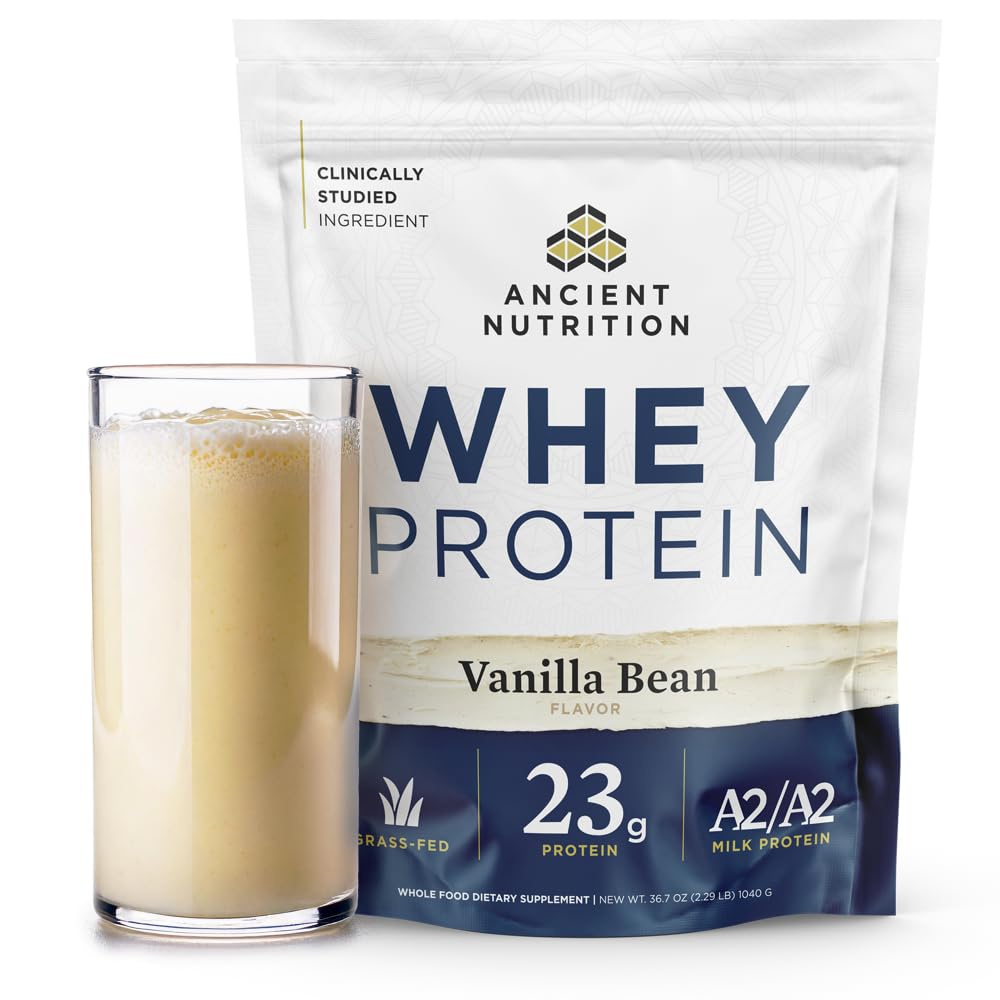 Nutrição antiga Whey Feed Protein, 23g Protein, peptídeos de colágeno hidrolisados, proteína orgânica regenerativa A2/A2 do leite (35 Servings, feijão de baunilha)