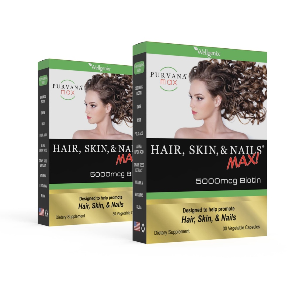 Purvana Max Cabelo, Pele, e unhas Vitamina - 5000mcg Biotina, Ácido Fólico, DMAE, Extrato de Sementes de Uva - Um dia de cabelo Vegan, Pele, Suporte de unhas - Promove a produção de colágeno - 30 Caps (Pacote de 2)