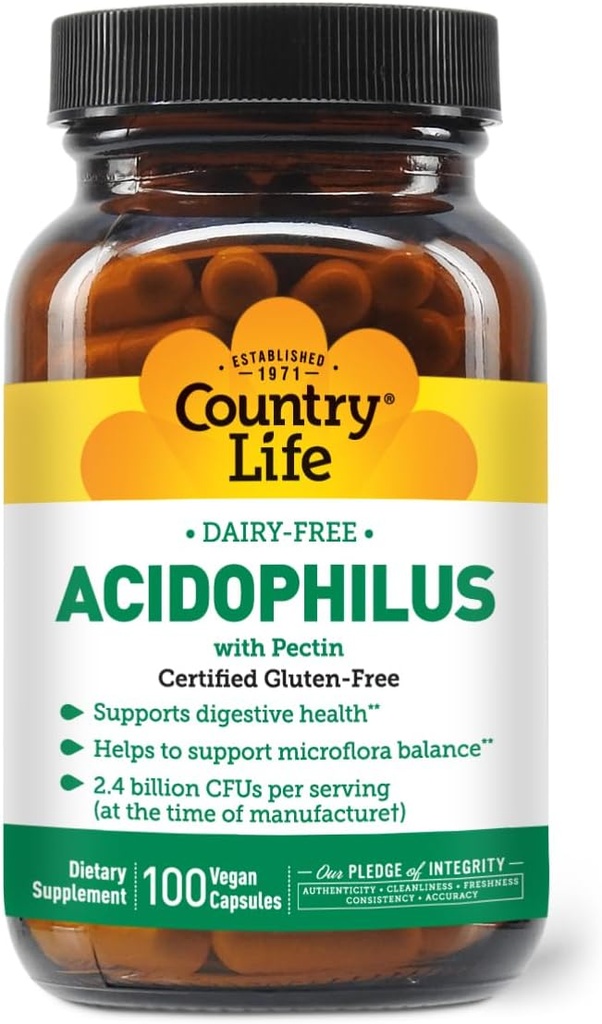 País Vida Acidophilus Probiótico Suplemento para Mulheres e Homens - Livre de alergénios comuns - 2,4 bilhões de UFCs para apoiar a saúde digestiva - Livre de leite, Não-GMO, 100 Cápsulas Vegan