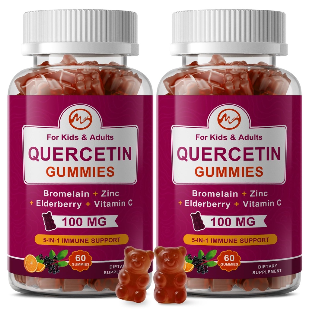 (2 Pack) Quercetin Gummies com bromelaína, Elderberry, Zinco e Vitamina C - Chewable Quercetin 700mg Suplemento para Imunidade, Alergia, Apoio ao Envelhecimento - Gummies Vegan para Adulto & Kid