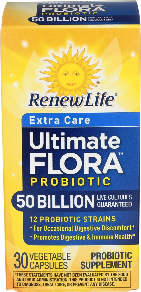 Renew Life Extra Care Probiótico Cápsulas Digestivas, 50 bilhões de UFC Garantidos, Suplemento diário Suporta Imune, Digestivo, Saúde Respiratória(1), L. Rhamnosus GG, Dairy, Soy and Gluten-Free, 30 Count