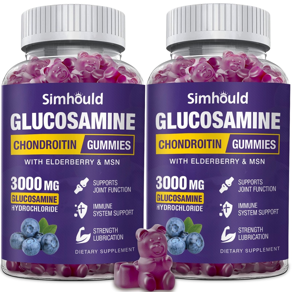 2 embalagens Glucosamina Condroitin Gummies - 3000MG Suplemento de suporte conjunto de força extra com HSH & Elderberry, flexibilidade, antioxidante Imune Suporte Gummy para adultos, homens e mulheres