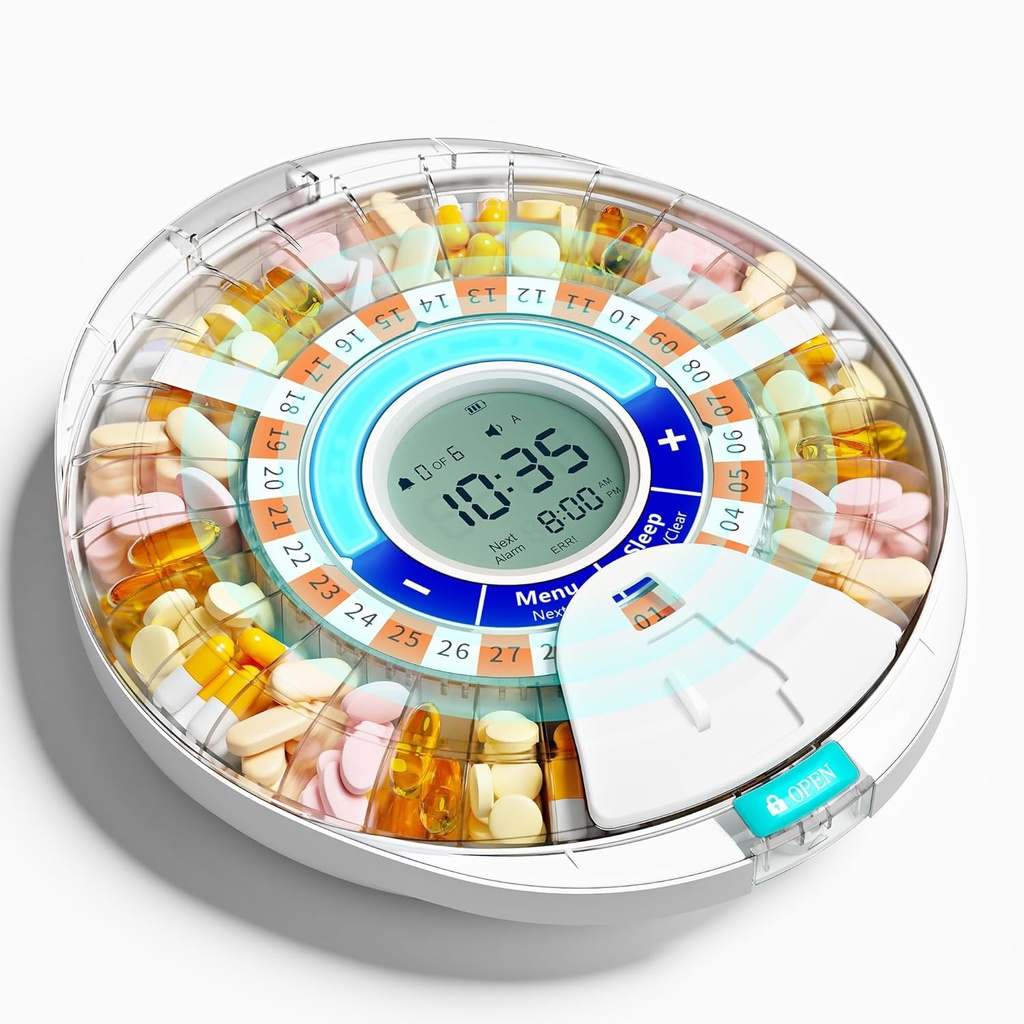 Dispensador automático de comprimidos atualizado para idosos com alarme: Máquina de dispensador de comprimidos inteligente com 28-slot, tecnologia Mix-Proof & XL LCD, durabilidade melhorada para gerenciamento de medicina diária