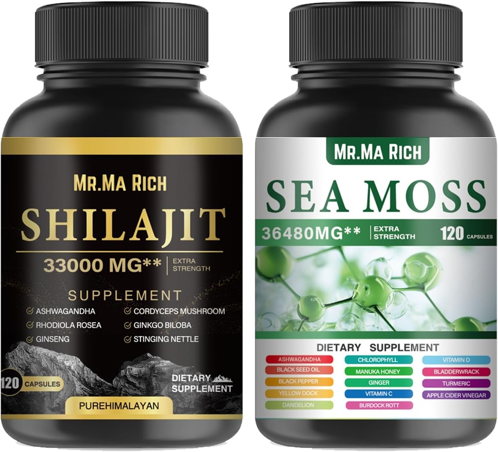 Sea Moss e Shilajit Cápsulas Bundle, Ashwagandha Rhodiola Rosea Ginseng Cordyceps Cogumelo Ginkgo Biloba Stinging Nettle Magic Moss Blendim Black Seed Black Seed Bladderwrack Burdock Black Pepper