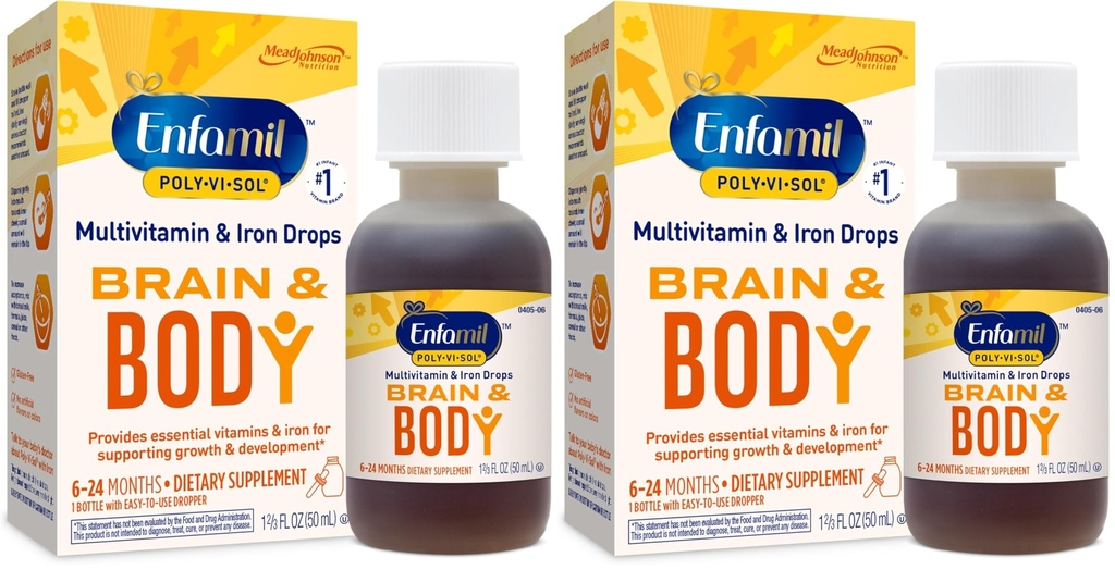 Pré-Natais de Enfamil e Vitaminas de Bebê Poli-Vi-Sol 8 Multi-Vitaminas e Gotas de Suplemento de Ferro para Infantes e Crianças, Suporta Crescimento e Desenvolvimento, Frasco Dropper 50 mL (Pacote de 2)