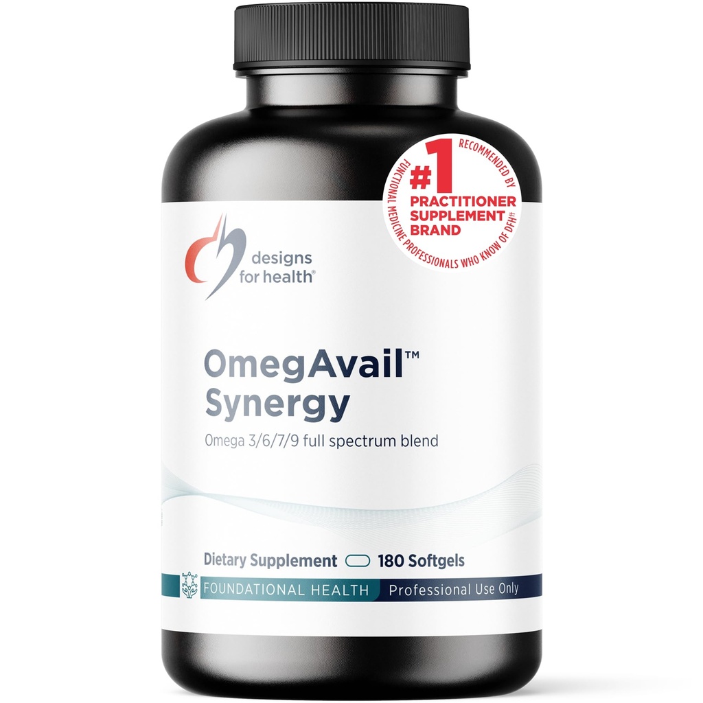 Designs para Saúde OmegAvail Synergy - Complexo Omega para Adultos - Ómega 3-6-7-9 Ácidos Gordos de Borage e Macadamia Óleo + Triglicérido (TG) Óleo de Peixe com DHA & EPA (180 Softgels)