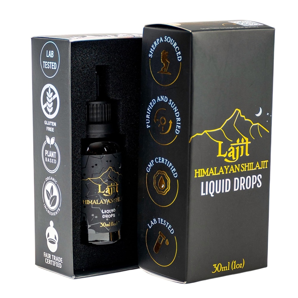 Lajit ouro grau Himalayan Shilajit gotas líquidas – orgânico, seco ao sol – nutrientes biodisponível - ácido fulvico, 85 + Trace Minerals – laboratório testado para homens e mulheres – energia natural, imunidade, força– 30ml