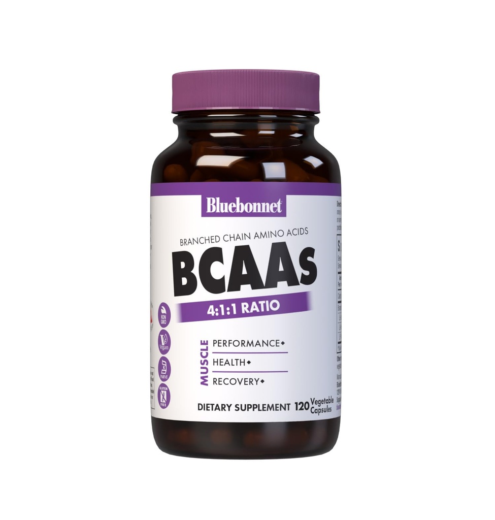Bluebonnet Nutrition BCAAs 4:1:1 Razão, Desempenho muscular*, Saúde muscular*, Reparação muscular*, Não-GMO, Vegan, Kosher Certificado, Sem glúten, Sem soja, Sem leite, 120 Cápsulas Vegetais, 30 Servimentos
