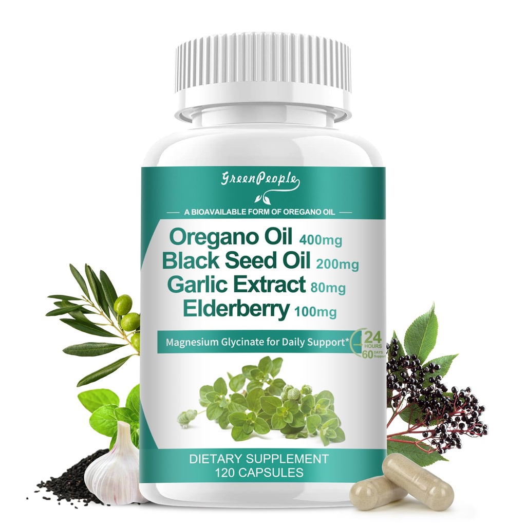 Cápsulas orgânicas de óleo de orégano – Mistura 11-em-1 com óleo de semente preta, Alho, Alho, Folha de Oliva– Magnésio e Pimenta Negra para Absorção – Imune, Respiratório & Digestivo – Vegan, Não-GMO, 120 Ct