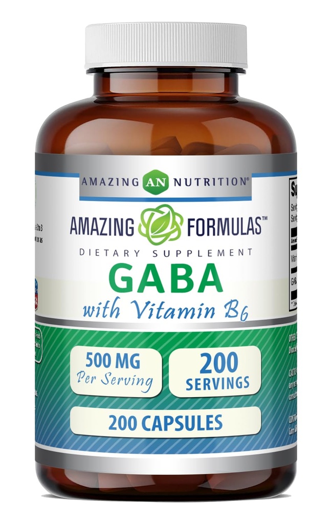 Fórmulas surpreendentes GABA com Suplemento Vitamina B6 .500 Mg Por Servindo .200 Cápsulas . Não-GMO .Gluten Free .