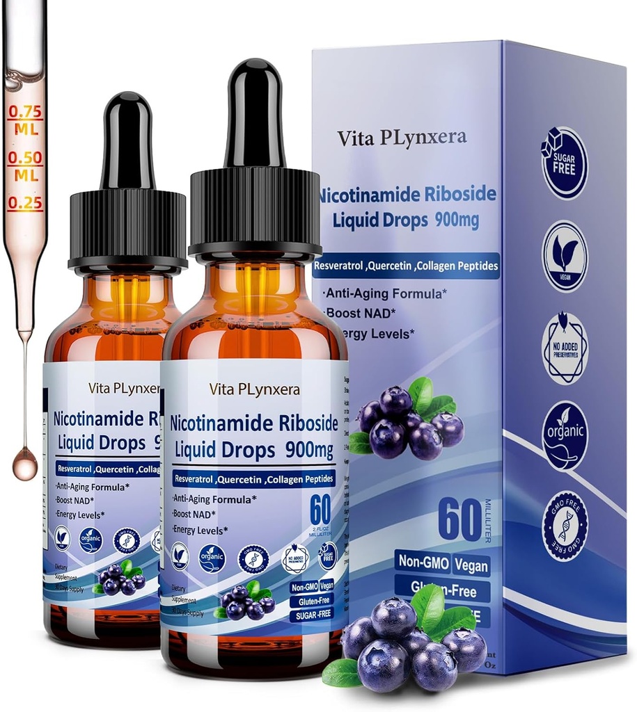 2 Pacote NAD suplementos para mulheres e homens, NAD Nicotinamida Riboside Resveratrol 900mg & Quercetin, Niacin, Colágeno, Biotina, líquido NAD Plus Suplemento NR900 para anti-envelhecimento da pele energia Longevidade Foco